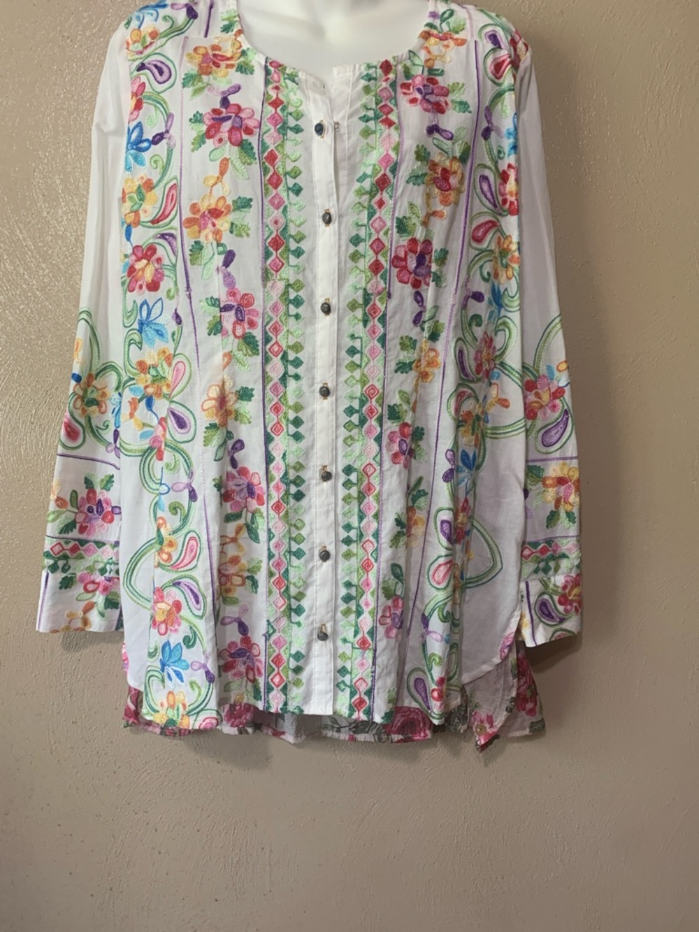 6. Soft Surroundings  L White Tunic with Pastel Multicolor Floral Embroidery